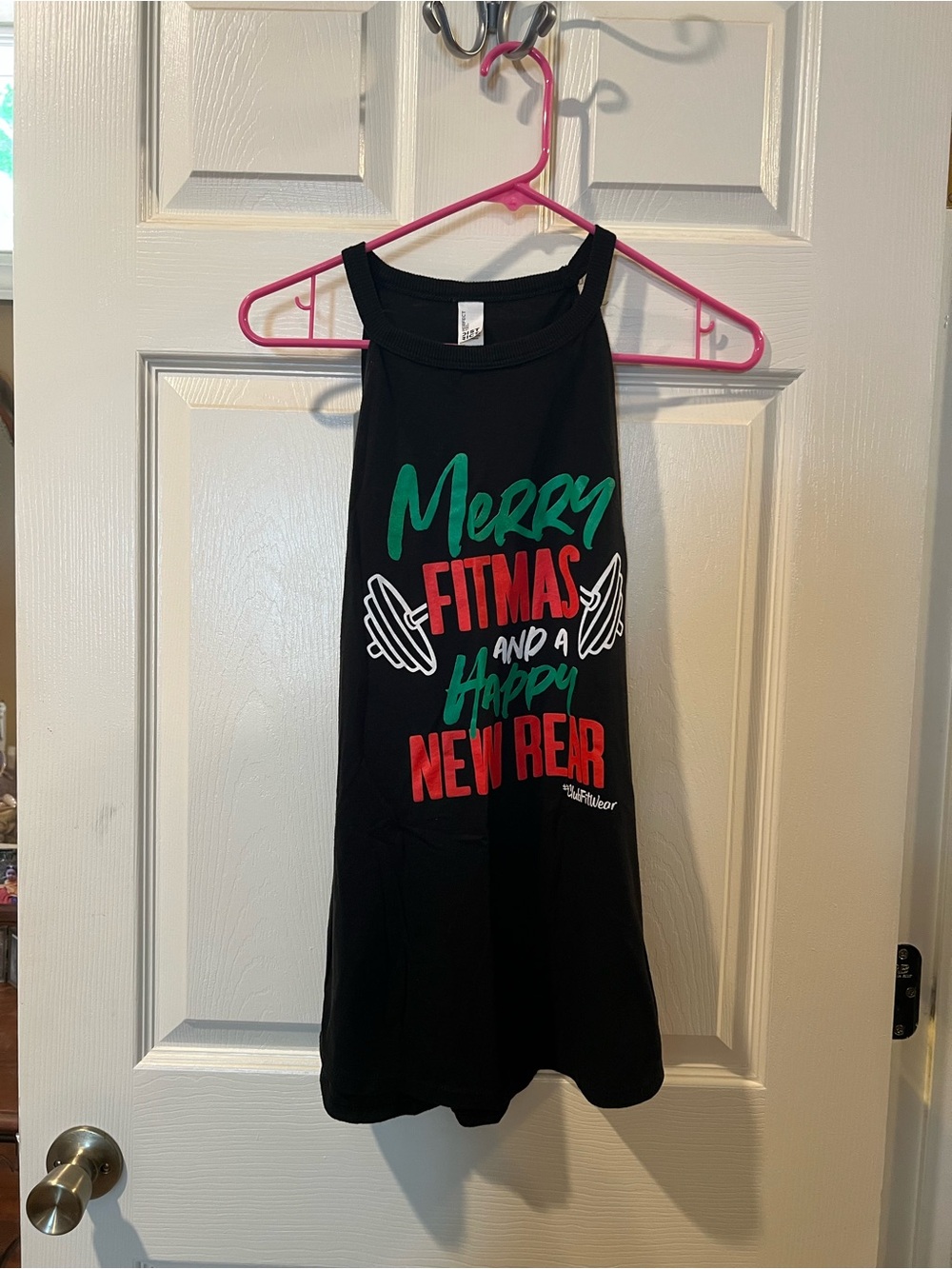 Merry Fitmas Graphic Workout Tank - Black with Red & Green Print